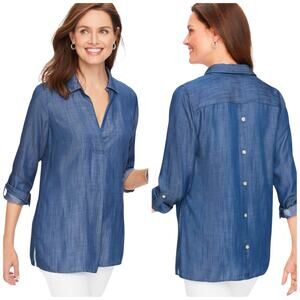 Talbots Tencel Chambray Top Collared Buttons On Back Roll Tab Sleeves Large